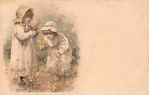L163 Frankreich 1903 Kinder spielen Blumen Litho Vintage Postkarte
