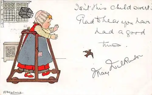 L163 England 1903 kleines Mädchen jagt Vogel signiert F Holms Litho Vintage Postkarte
