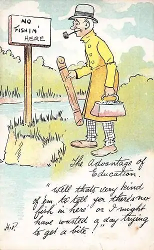 L008 Harry Parlett "Die Vorteile der Bildung" Comic signierte Vintage Postkarte