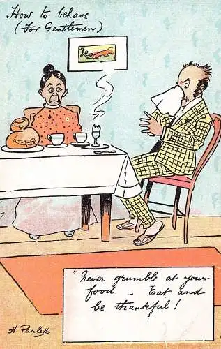 L008 Harry Parlett "Wie man sich für Gentlemen benimmt" Humor signierte Vintage Postkarte