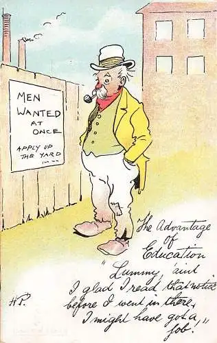 L008 Harry Parlett "Die Vorteile der Bildung" Comic signierte Vintage Postkarte