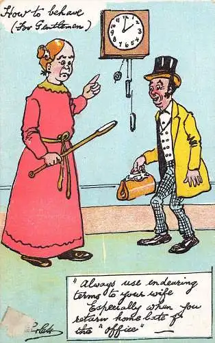 L008 Harry Parlett "Wie man sich für Gentlemen benimmt" Humor signierte Vintage Postkarte