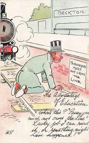 L008 Harry Parlett "Die Vorteile der Bildung" Comic signierte Vintage Postkarte