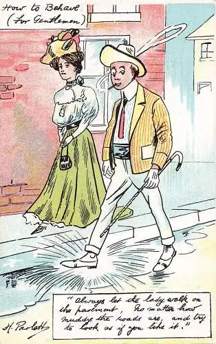 L008 Harry Parlett "Wie man sich für Gentlemen benimmt" Humor signierte Vintage Postkarte