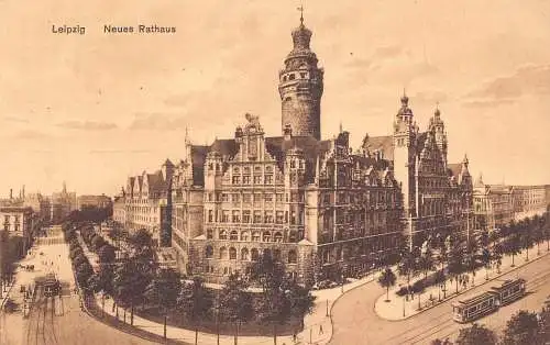 L172 Deutschland 1928 Leipzig Neues Rathaus Straßenbahnen Vintage Postkarte