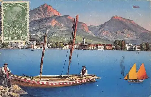A065 Italien Riva del Garda See Boote Fischer Vintage Postkarte