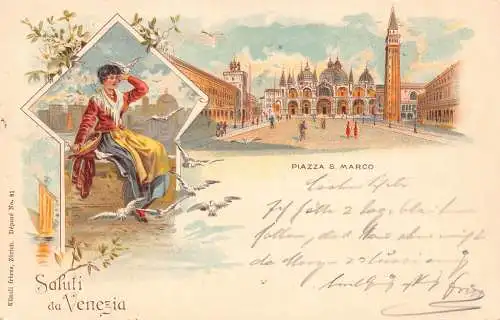 Italien Saluti da Venezia Venedig 1898 Markusplatz Frauen Tauben Litho Postkarte