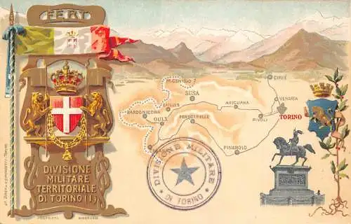 Italien Patriotisch Div Militare Territoriale di Torino Karte Wappen Litho Postkarte