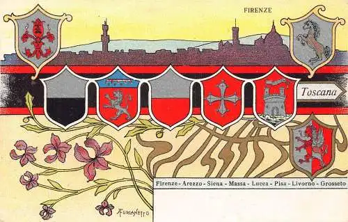Italien Firenze Florenz Toskana Blumen Wappen Jugendstil Litho Postkarte