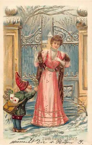 L189 Neujahrsgrüße 1907 Dame Zwerg Postbote Glück Kleeblatt Prägepostkarte