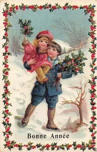 L179 Neujahrsgrüße 1913 Kinder Heiliger Baum geprägt Vintage Postkarte
