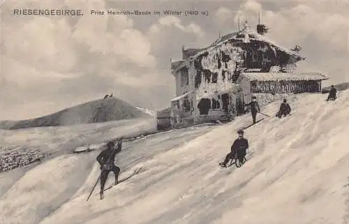 Polen Riesengebirge Prinz Heinrich Baude Piste Ski Schlitten Wintersport Postkarte