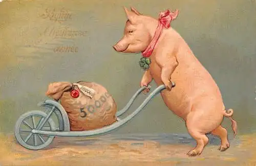 L348 Neujahrsgrüße 1905 Humanisiertes Schwein Geldbeutel Glück Vintage Postkarte