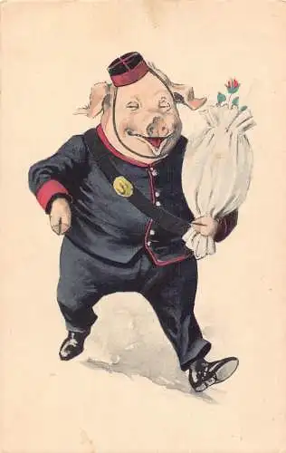 L347 Gruß 1910 Humanisiertes Schwein Glockenjunge Blumen Glück Vintage Postkarte