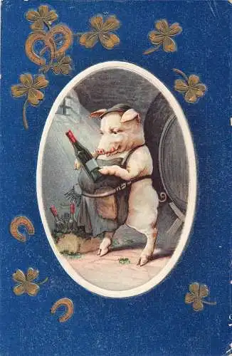 L347 Neujahr Humanisiertes Schwein Hufeisen Kleeblatt Glück geprägt Vintage Postkarte
