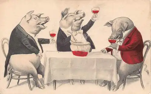 L348 Humanisierte Schweine trinken Comic Humor Vintage Postkarte
