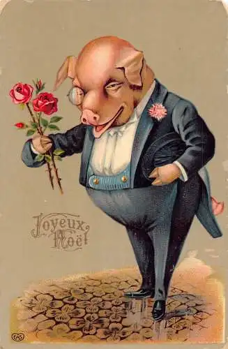 L347 Weihnachten 1914 Humanisiertes Schwein Rosen Kleeblatt Glück Vintage Feld Postkarte