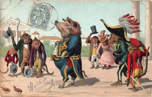 L348 Grüße 1904 Humanisierte Schweineaffen anthropomorphe Comic Vintage Postkarte