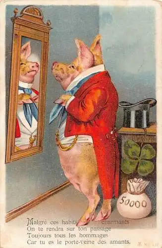 L347 Geldbeutel 1904 Humanisiertes Schwein Spiegel Kleeblatt Glück Vintage Postkarte