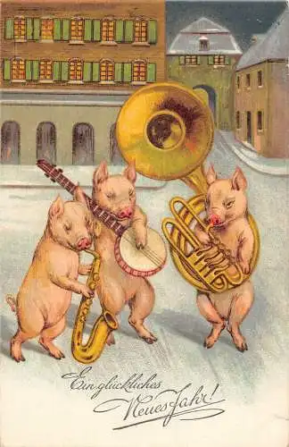 L347 Neujahr Humanisiertes Schwein Singinstrumente Glück Vintage Postkarte