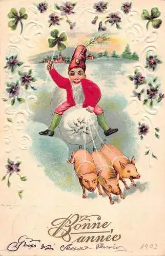 L190 Neujahrsgrüße 1902 Zwerg reitend Geldsack Glück Schweine Postkarte