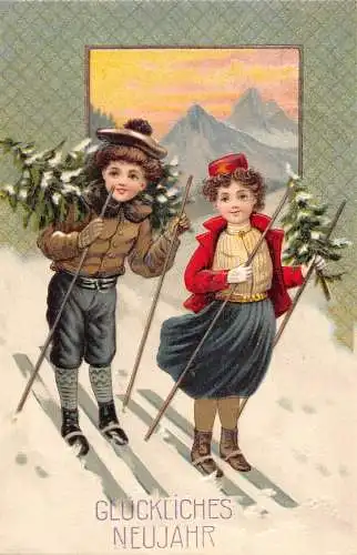 L190 Neujahrsgrüße 1910 Kinder Skibäume Prägepostkarte