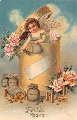 L190 Neujahrsgrüße 1907 Cherub Goldmünzen Tüten Rosen geprägt Postkarte
