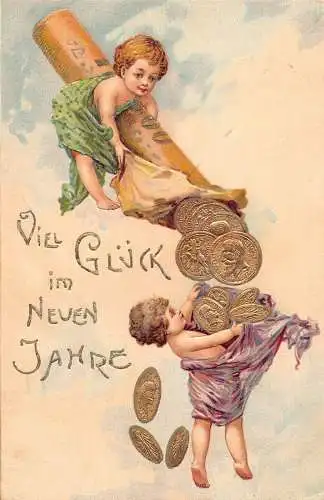L190 Neujahrsgrüße 1906 Cherubs Goldmünzen Glück geprägt Litho Postkarte