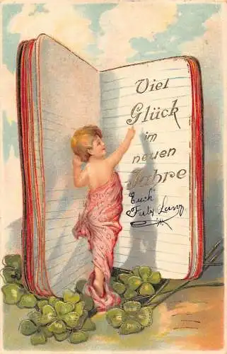 L190 Neujahrsgrüße 1905 Kind Kleeblatt Buch Glück geprägt Litho Postkarte