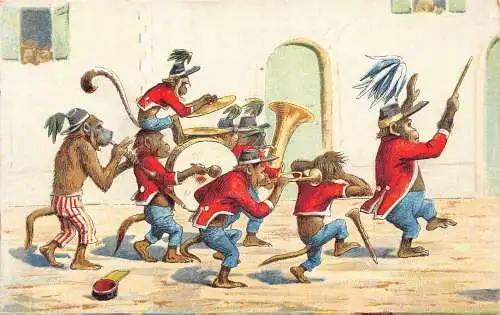 L338 Humanized Monkeys Orchester Uniformen anthropomorphe Comic Postkarte