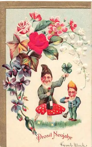 L190 Neujahrsgrüße 1906 Zwerge Pilz Glück Blumen Seide geprägt Postkarte