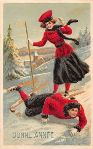 L190 Neujahrsgrüße 1913 Paar Ski Litho geprägte Postkarte