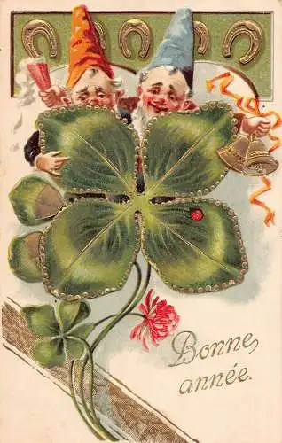 L190 Neujahrsgrüße 1906 Zwerge Riesen Kleeblatt Marienkäfer Hufeisen Postkarte