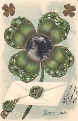 L190 Neujahrsgrüße 1905 Mädchen Portrait Riesen Kleeblatt Glücksbrief Postkarte