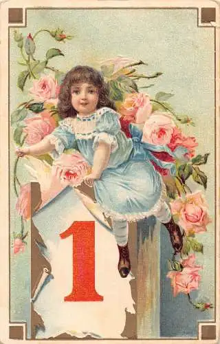 L190 Neujahrsgrüße 1909 Mädchen Rosen Blumen geprägte Postkarte
