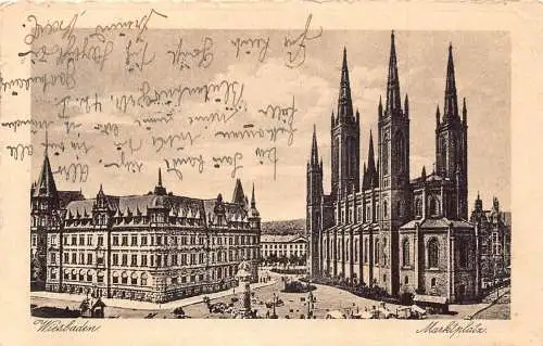 L152 Deutschland 1930 Wiesbaden Marktplatz Kirche, Statue Vintage Postkarte