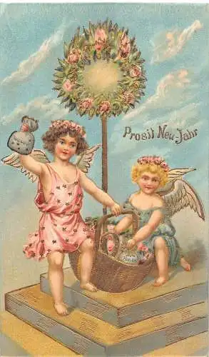 L190 Neujahrsgrüße Cherubs Münztüten Blumen geprägt Postkarte