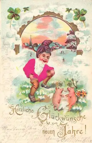 L190 Neujahrsgrüße 1907 Zwergschweine tanzen Kleeblatt Glück Seidenmantel Postkarte