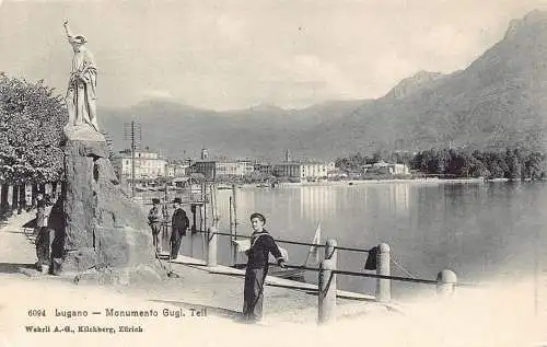 Schweiz Lugano Monumento Gugl Tell Lake Vintage Postkarte