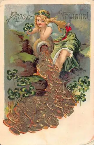 L190 Neujahrsgrüße 1906 Cherub Glück Kleeblatt Goldmünzen Prägepostkarte