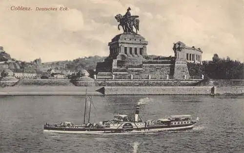 L151 Germany Koblenz. Deutsches Eck. Boot, Fluss, Statue Vintage Postkarte