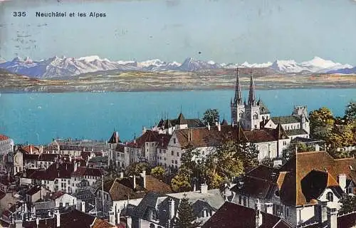Schweiz 1914 Neuenburg und Alpen Berge Vintage Postkarte
