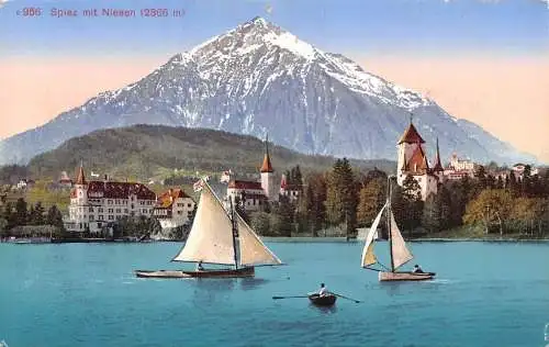 Schweiz Spiez mit Niesen Segelboote Vintage Postkarte
