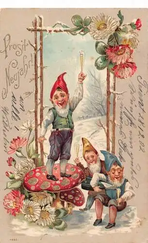 L190 Neujahrsgrüße 1904 Zwerge Pilz Glück Blumen Prägepostkarte
