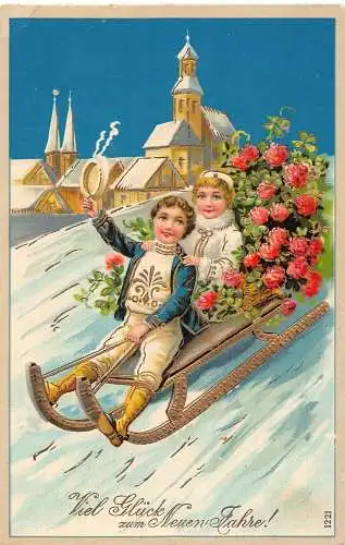 L190 Neujahrsgrüße 1909 Kinder Schlitten Rosen Postkarte