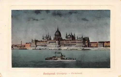 Ungarn Budapester Parlament bei Nacht Dampfer Passepartout Vintage Postkarte