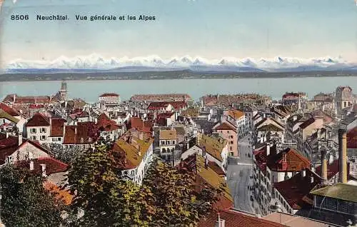 Schweiz 1914 Neuenburg und Alpen Berge Gesamtansicht Postkarte
