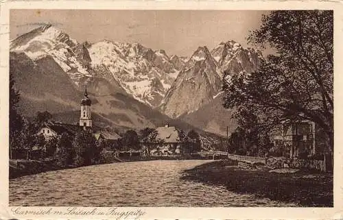 L263 Deutschland 1932 Garmisch m Loisach und Zugspitze Gebirge Fluss Postkarte