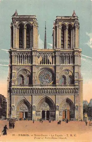 C088 Frankreich Paris Front der Kirche Notre Dame Vintage Postkarte
