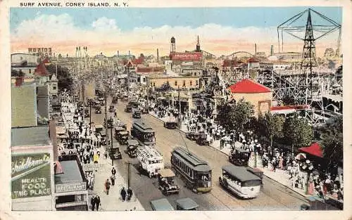 B015 US New York Coney Island Surf Avenue Straßenbahn Autos Postkarte